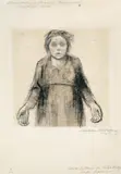 Käthe Kollwitz, Die Witwe, 1918, Verworfene erste Fassung des vierten Blattes der Folge «Krieg» Strichätzung, Schmirgel und Vernis mou, von der Künstlerin in Bleistift und Feder in Tusche überarbeitet