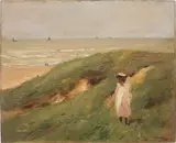Max Liebermann, Düne bei Noordwijk mit Kind – Mädchen in den Dünen, 1906, Öl auf Holz