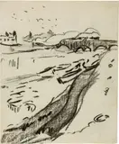 Elbufer mit Brücke by Ernst Ludwig Kirchner, 1910, Zeichnung in schwarzer Kohle auf bläulichem Velin, sold Jun 2018