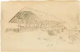 Albert Anker, Holzbrücke, wohl über die Emme, 1896, Bleistiftzeichnung
