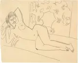 Liegender Akt nach links mit dekoriertem Wandbehang by Ernst Ludwig Kirchner, 1910, Bleistiftzeichnung, sold Jun 2018