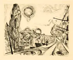 Landschaft mit Ballon by Max Beckmann, Blatt 14 der Folge «Gesichter» Kaltnadel, sold Jun 2018