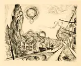 Max Beckmann, Landschaft mit Ballon, Blatt 14 der Folge «Gesichter» Kaltnadel