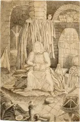 Rodolphe Bresdin, Alchimiste assis dans une voûte, entouré de livres et instruments, 1850–1860, Federzeichnung in schwarz-bräunlicher Tusche