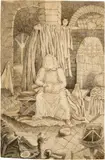 Rodolphe Bresdin, Alchimiste assis dans une voûte, entouré de livres et instruments, 1850–1860, Federzeichnung in schwarz-bräunlicher Tusche