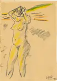 Max Pechstein, Weiblicher Akt, sich die Haare kämmend, 1911, Schwarze Kreide, farbig in Pastell überarbeitet