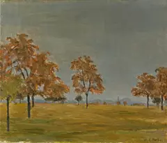 Eugène Martin, Obstbäume in flacher Landschaft, 1946, Öl auf Leinwand