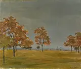 Eugène Martin, Obstbäume in flacher Landschaft, 1946, Öl auf Leinwand
