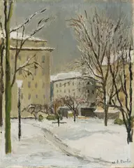 Eugène Martin, Stadtlandschaft im Winter, 1948, Öl auf Holz