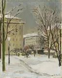 Eugène Martin, Stadtlandschaft im Winter, 1948, Öl auf Holz