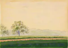 Albert Trachsel, Paysage avec deux arbres et le Salève, 1905–1910, Aquarell über Bleistiftzeichnung