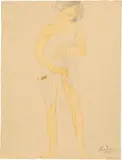 Auguste Rodin, Femme debout en chemise – Psyché, Bleistiftzeichnung, mit Aquarell überarbeitet