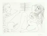 Modèle, les mains croisées sur la tête, avec un peintre by Pablo Picasso, Kaltnadel und Schaber, sold Jun 2018