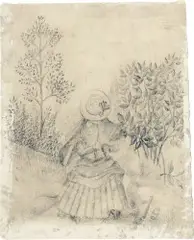 Henri Rousseau, Le Dîner sur l’herbe – Femme tricotant, Bleistiftzeichnung auf leichter grauer Grundierung in Aquarell