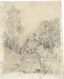 Le Dîner sur l’herbe – Femme tricotant by Henri Rousseau, Bleistiftzeichnung auf leichter grauer Grundierung in Aquarell, sold Jun 2018
