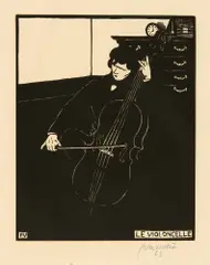 Félix Vallotton, Instruments de musique, 1. Le Violoncelle 2. La Flûte 3. Le Violon 4. Le Piano 5. La Guitare 6. Le Piston 6 Blatt Holzschnitte. Je 22,5 : 17,8, Druckstock;