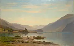 Auguste Veillon, Blick von Ebligen auf die Kirche von Brienz und Brienzersee (Lac de Brienz), 1870, Öl auf Karton, auf Leinwand aufgezogen