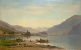 Auguste Veillon, Blick von Ebligen auf die Kirche von Brienz und Brienzersee (Lac de Brienz), 1870, Öl auf Karton, auf Leinwand aufgezogen