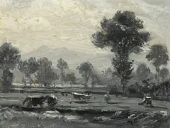 Kuhweide am Vierwaldstättersee by Robert Zünd, Grisaille in Öl auf Leinwand, sold Jun 2018