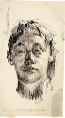 Käthe Kollwitz, Selbstbildnis (bei grossem Arbeitskater), 1895, Federzeichnung in schwarzer Tusche, unten rechts Aquarell Um 1891–1892, evtl