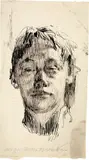 Selbstbildnis (bei grossem Arbeitskater) by Käthe Kollwitz, 1895, Federzeichnung in schwarzer Tusche, unten rechts Aquarell Um 1891–1892, evtl, sold Jun 2017
