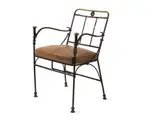 Diego Giacometti, Zwei Fauteuils, an den Armlehnen vorne mit Knöpfen als Grifffläche. Stuhlgestell aus gegossenen Vierkantund Rundstäben in Bronze, Armlehnen, Griffknöpfe, Füsse und Verstrebungen vom Künstler gestaltet und in Bronze gegossen. Lederkissen als Sitzfläche