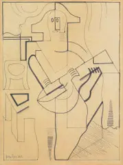 Juan Gris, Arlequin à la guitare, assis, 1919, Bleistiftzeichnung