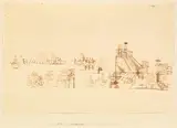 Hafen (mit dem Kreuzer) by Paul Klee, Rohrfederzeichnung in brauner Tusche, vom Künstler auf Unterlagekarton aufgelegt und auf dem Unterlagekarton unten mit W, sold Jun 2017