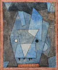 Paul Klee, Kleiner Blauteufel – Blauteufelskopf, Aquarell (Deckfarben) auf Gipsgrundierung, der Gips auf Gaze (leichte Leinwand) geleimt, die Gaze auf Karton fixiert 1933 – Werknummer 1933 Z 5 (1933.185)