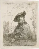 Der Mann in der Laube by Rembrandt Harmensz van Rijn, 1642, Radierung, mit der kalten Nadel überarbeitet, sold Jun 2017