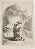 Der heilige Hieronymus im Gebet, emporblickend, oben rund by Rembrandt Harmensz van Rijn, 1632, Radierung, sold Jun 2017