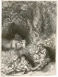 Das Pärchen und der schlafende Hirt by Rembrandt Harmensz van Rijn, 1644, Radierung, mit der kalten Nadel überarbeitet Um, sold Jun 2017