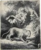 Der heilige Hieronymus am Fusse eines Baumes, lesend by Rembrandt Harmensz van Rijn, 1634, Radierung, sold Jun 2017