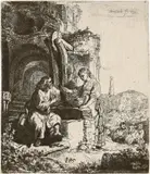 Christus und die Samariterin in Ruinen by Rembrandt Harmensz van Rijn, 1634, Radierung, leicht mit der kalten Nadel überarbeitet, sold Jun 2017