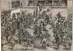 Lucas Cranach d.Ã., Das zweite Turnier mit dem Teppich von Samson und dem Löwen, zwei Zweikämpfe mit Lanzen und Schwertern, 1509, Holzschnitt