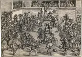 Lucas Cranach d.Ã., Das zweite Turnier mit dem Teppich von Samson und dem Löwen, zwei Zweikämpfe mit Lanzen und Schwertern, 1509, Holzschnitt