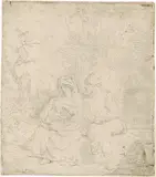 Die Ruhe auf der Flucht by Rembrandt Harmensz van Rijn, 1645, Radierung, Kupferstich und Kaltnadel, sold Jun 2017