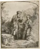 Abraham mit Isaak sprechend by Rembrandt Harmensz van Rijn, 1645, Radierung, sold Jun 2017
