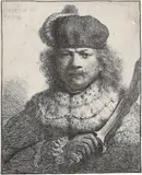 Selbstbildnis mit dem Säbel by Rembrandt Harmensz van Rijn, 1634, Radierung, leicht mit der kalten Nadel überarbeitet, sold Jun 2017