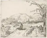 Die Landschaft mit dem Jäger und Hunden by Rembrandt Harmensz van Rijn, 1648, Radierung, mit der kalten Nadel überarbeitet Um, sold Jun 2017