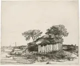 Die Hütte bei dem Plankenzaun by Rembrandt Harmensz van Rijn, 1648, Radierung, mit der kalten Nadel überarbeitet, sold Jun 2017