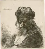 Niederblickender Greis mit hoher Fellmütze by Rembrandt Harmensz van Rijn, 1635, Radierung Um, sold Jun 2017