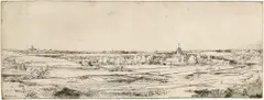 Rembrandt Harmensz van Rijn, Panorama von Bloemendaal mit dem Landgut von Saxenburg und einer Ansicht von Haarlem – Das Goldwiegerfeld, 1651, Radierung, mit der kalten Nadel überarbeitet