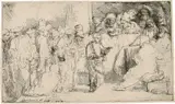 Der stehende Jesusknabe inmitten der Schriftgelehrten by Rembrandt Harmensz van Rijn, 1652, Radierung, mit der kalten Nadel überarbeitet, sold Jun 2017