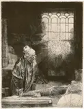 Ein Gelehrter in seiner Stube, früher ‹Faust› by Rembrandt Harmensz van Rijn, 1652, Radierung, Kupferstich und kalte Nadel Um, sold Jun 2017