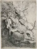 Rembrandt Harmensz van Rijn, Die Löwenjagd mit einem Löwen und zwei Reitern