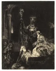 Rembrandt Harmensz van Rijn, Die Darstellung im Tempel, in dunkler Manier, 1654, Radierung, mit der kalten Nadel überarbeitet Um