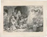 Der Engel von der Familie des Tobias verschwindend by Rembrandt Harmensz van Rijn, 1641, Radierung, mit der kalten Nadel überarbeitet, sold Jun 2017