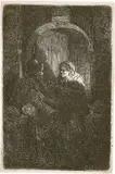 Der Schulmeister by Rembrandt Harmensz van Rijn, 1641, Der Schulmeister – Ein Drehleierspieler, gefolgt von Kindern, an einer Haustüre Radierung, sold Jun 2017