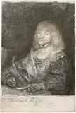 Mann an einem Tisch, mit Halskette und Kreuz by Rembrandt Harmensz van Rijn, 1641, Radierung, sold Jun 2017